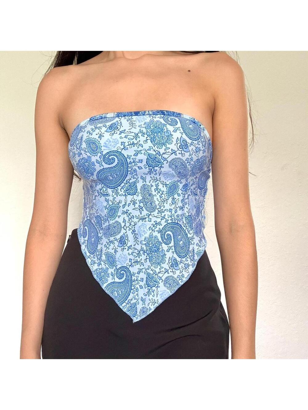 Y2K Blue Paisley Strapless Handkerchief Swim Top